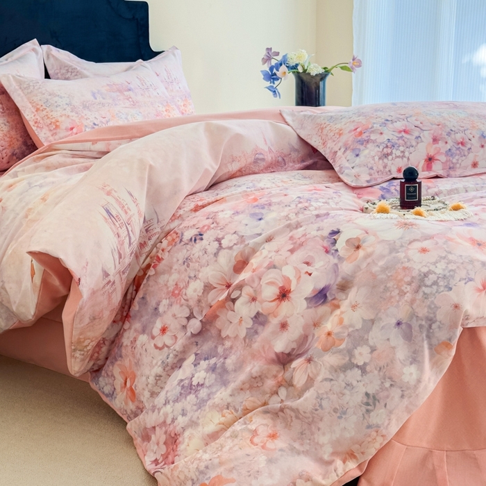 91家纺网 家纺一手货源 找家纺 喜四方 2025新款加厚全棉大版印花四件套 花园城堡-粉