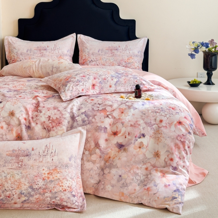 91家纺网 家纺一手货源 找家纺 喜四方 2025新款加厚全棉大版印花四件套 花园城堡-粉