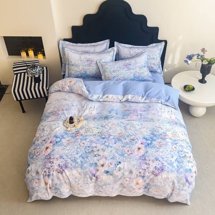 91家纺网 家纺一手货源 找家纺 喜四方 2025新款加厚全棉大版印花四件套 花园城堡-蓝