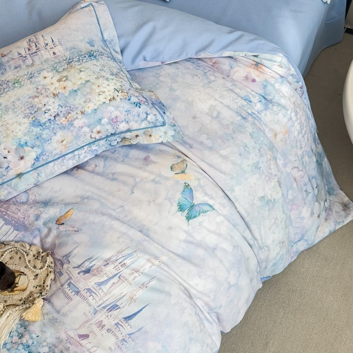 91家纺网 家纺一手货源 找家纺 喜四方 2025新款加厚全棉大版印花四件套 花园城堡-蓝