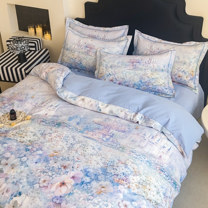 91家纺网 家纺一手货源 找家纺 喜四方 2025新款加厚全棉大版印花四件套 花园城堡-蓝