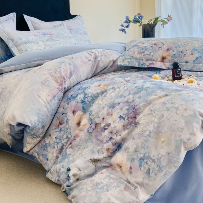 91家纺网 家纺一手货源 找家纺 喜四方 2025新款加厚全棉大版印花四件套 花园城堡-蓝