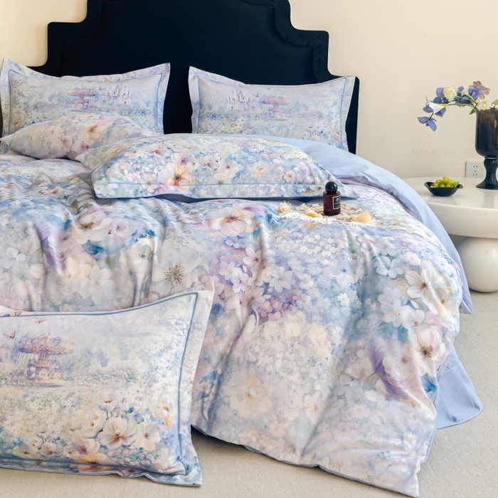 91家纺网 家纺一手货源 找家纺 喜四方 2025新款加厚全棉大版印花四件套 花园城堡-蓝