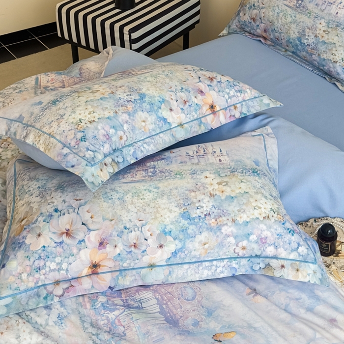 91家纺网 家纺一手货源 找家纺 喜四方 2025新款加厚全棉大版印花四件套 花园城堡-蓝