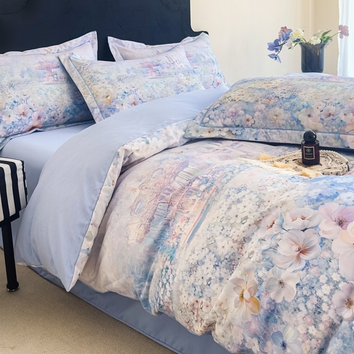 91家纺网 家纺一手货源 找家纺 喜四方 2025新款加厚全棉大版印花四件套 花园城堡-蓝