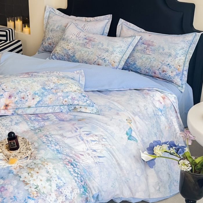 91家纺网 家纺一手货源 找家纺 喜四方 2025新款加厚全棉大版印花四件套 花园城堡-蓝