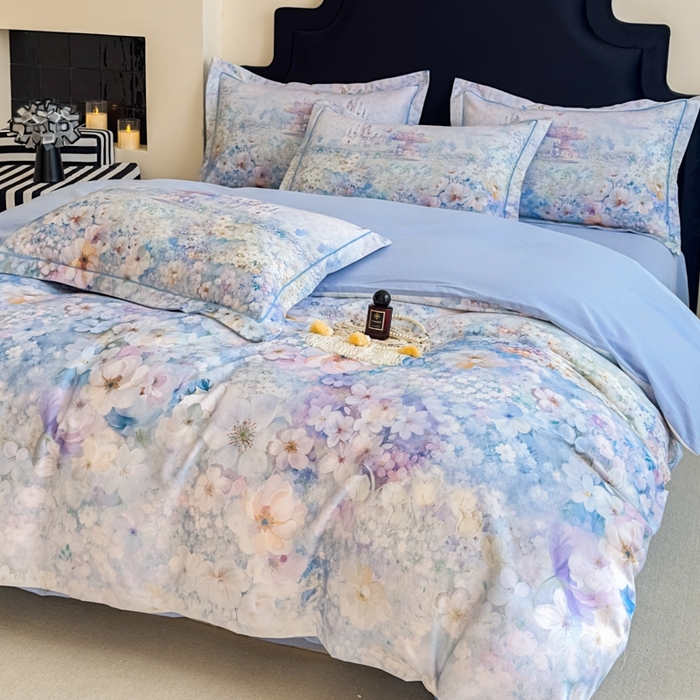 91家纺网 家纺一手货源 找家纺 喜四方 2025新款加厚全棉大版印花四件套 花园城堡-蓝