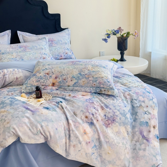 91家纺网 家纺一手货源 找家纺 喜四方 2025新款加厚全棉大版印花四件套 花园城堡-蓝