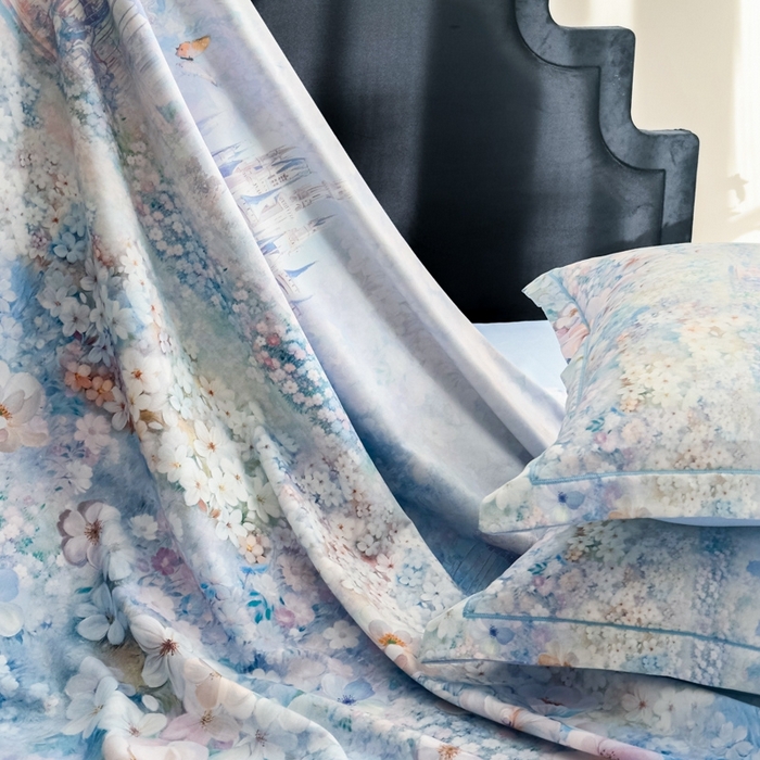 91家纺网 家纺一手货源 找家纺 喜四方 2025新款加厚全棉大版印花四件套 花园城堡-蓝