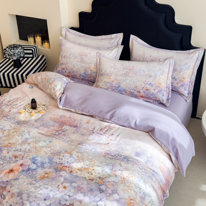 91家纺网 家纺一手货源 找家纺 喜四方 2025新款加厚全棉大版印花四件套 花园城堡-紫