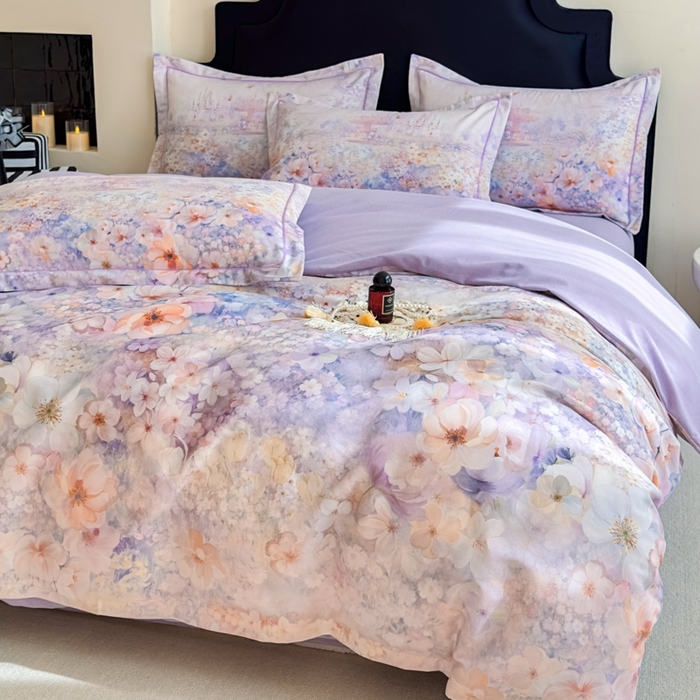 91家纺网 家纺一手货源 找家纺 喜四方 2025新款加厚全棉大版印花四件套 花园城堡-紫