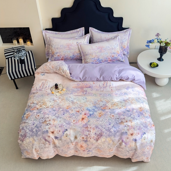 91家纺网 家纺一手货源 找家纺 喜四方 2025新款加厚全棉大版印花四件套 花园城堡-紫