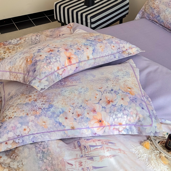 91家纺网 家纺一手货源 找家纺 喜四方 2025新款加厚全棉大版印花四件套 花园城堡-紫