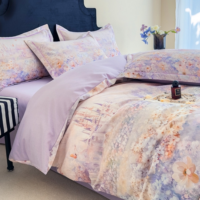 91家纺网 家纺一手货源 找家纺 喜四方 2025新款加厚全棉大版印花四件套 花园城堡-紫