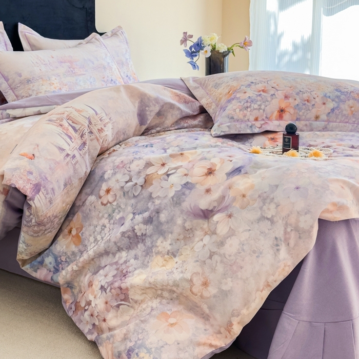 91家纺网 家纺一手货源 找家纺 喜四方 2025新款加厚全棉大版印花四件套 花园城堡-紫