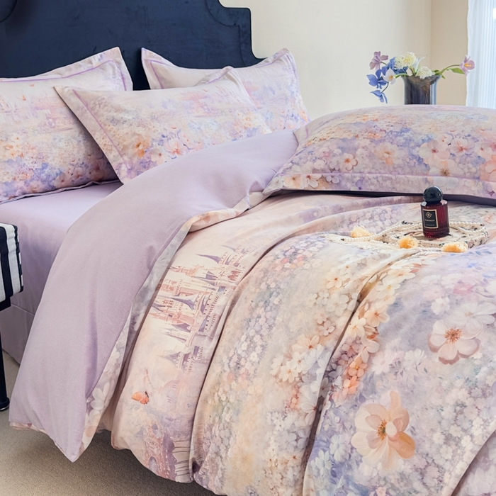 91家纺网 家纺一手货源 找家纺 喜四方 2025新款加厚全棉大版印花四件套 花园城堡-紫