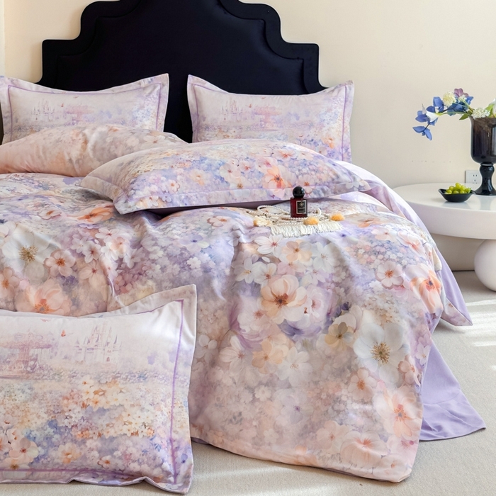 91家纺网 家纺一手货源 找家纺 喜四方 2025新款加厚全棉大版印花四件套 花园城堡-紫