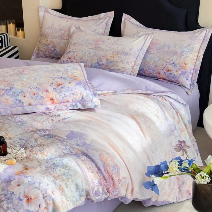 91家纺网 家纺一手货源 找家纺 喜四方 2025新款加厚全棉大版印花四件套 花园城堡-紫