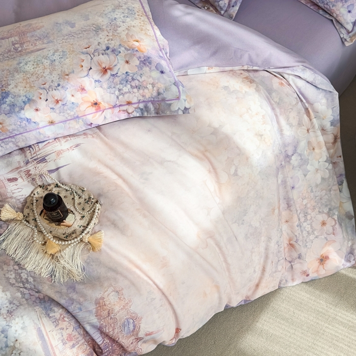 91家纺网 家纺一手货源 找家纺 喜四方 2025新款加厚全棉大版印花四件套 花园城堡-紫