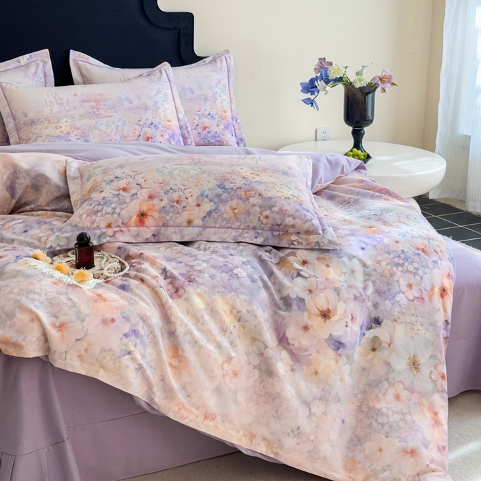 91家纺网 家纺一手货源 找家纺 喜四方 2025新款加厚全棉大版印花四件套 花园城堡-紫