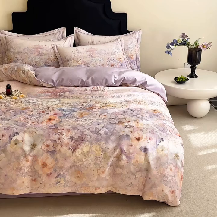 91家纺网 家纺一手货源 找家纺 喜四方 2025新款加厚全棉大版印花四件套 花园城堡-紫