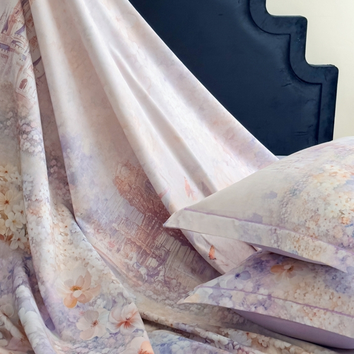 91家纺网 家纺一手货源 找家纺 喜四方 2025新款加厚全棉大版印花四件套 花园城堡-紫