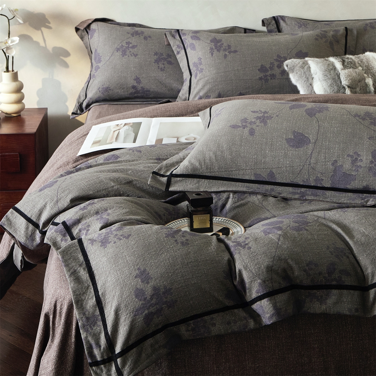 91家纺网 家纺一手货源 找家纺 优悦生活馆 2025新款高克重原麻印花四件套 颂青石