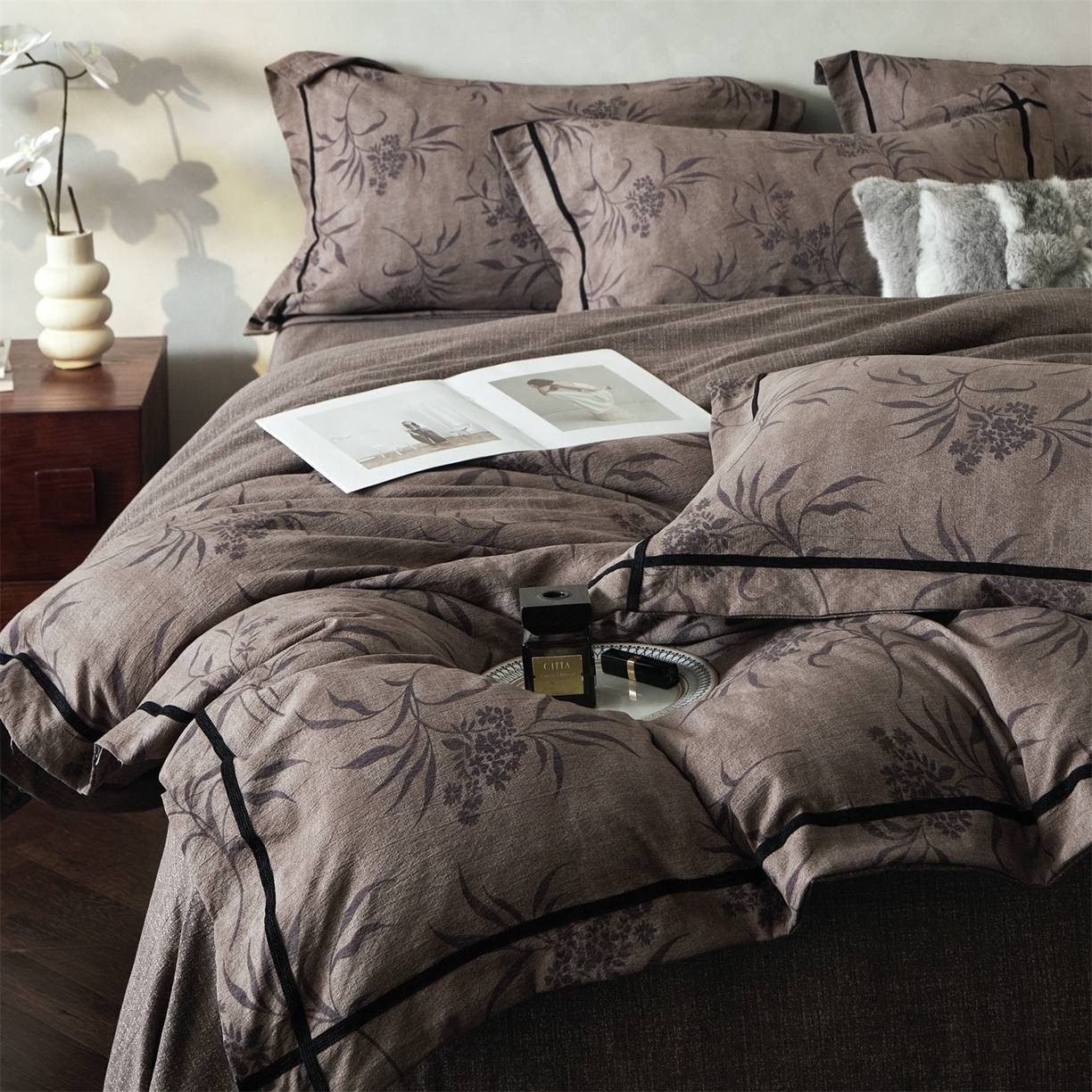 91家纺网 家纺一手货源 找家纺 优悦生活馆 2025新款高克重原麻印花四件套 玉茗