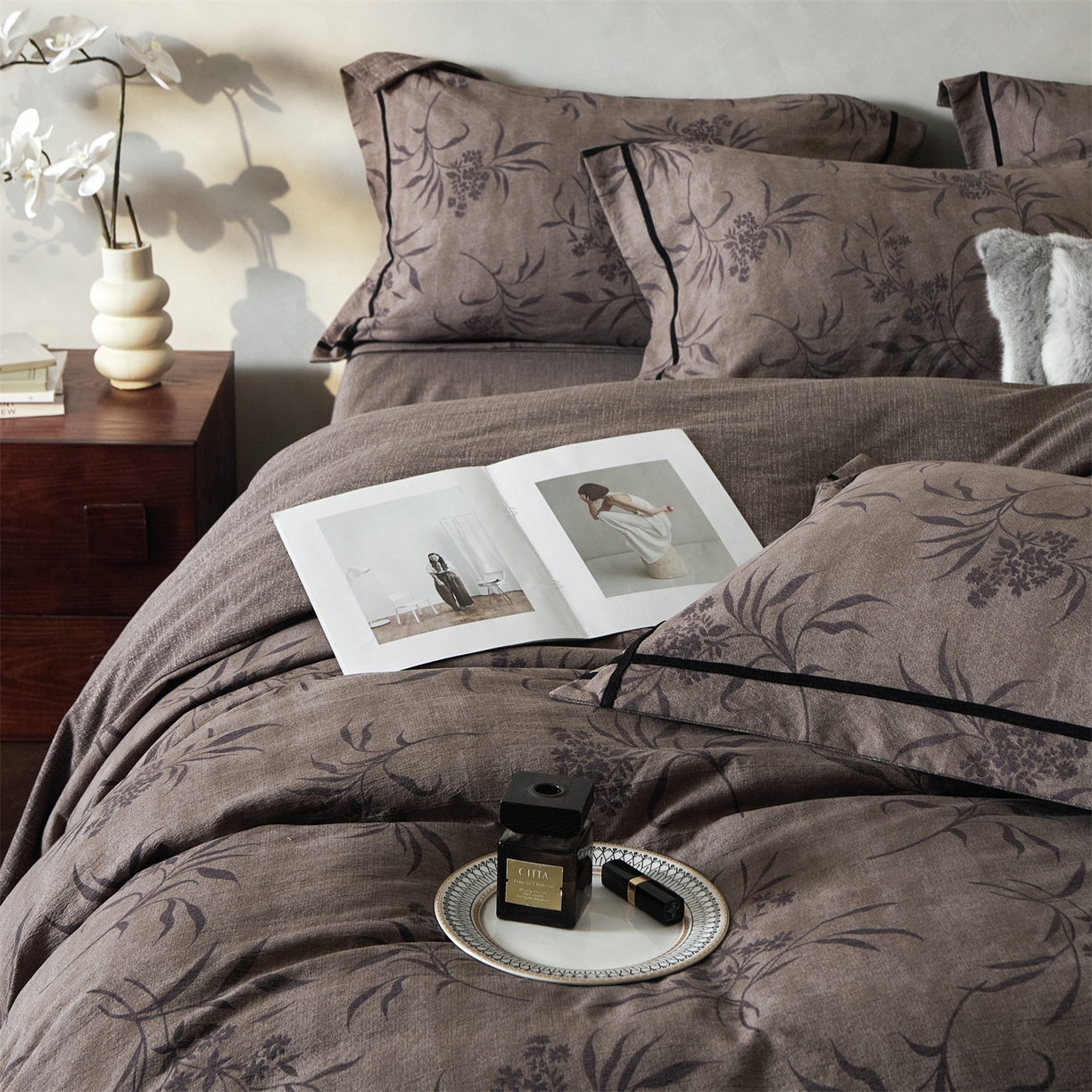 91家纺网 家纺一手货源 找家纺 优悦生活馆 2025新款高克重原麻印花四件套 玉茗