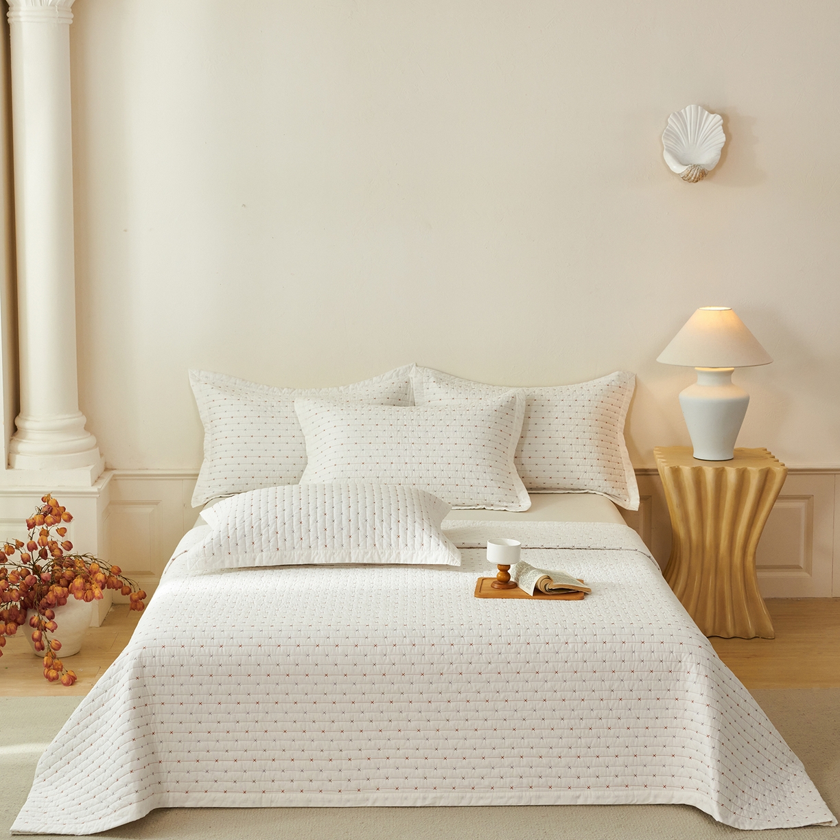91家纺网 家纺一手货源 找家纺 莎果家纺 2025新款米粒绣系列双面纯棉60支平纹床盖（上架此商品联系莎果） 小米粒-白