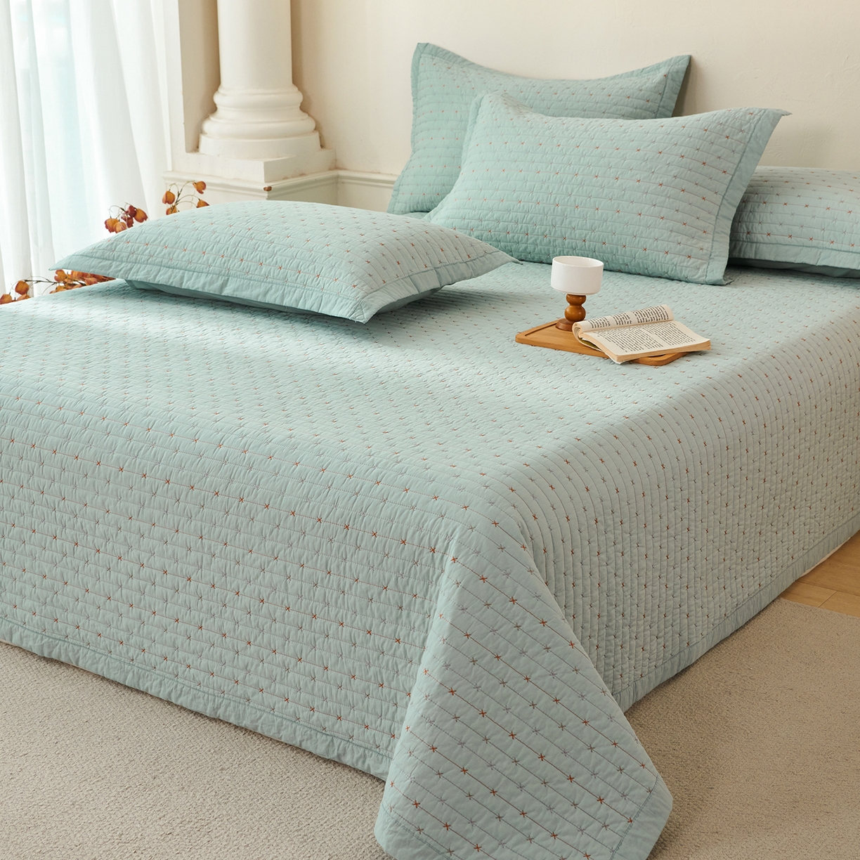 91家纺网 家纺一手货源 找家纺 莎果家纺 2025新款米粒绣系列双面纯棉60支平纹床盖（上架此商品联系莎果） 小米粒-浅绿