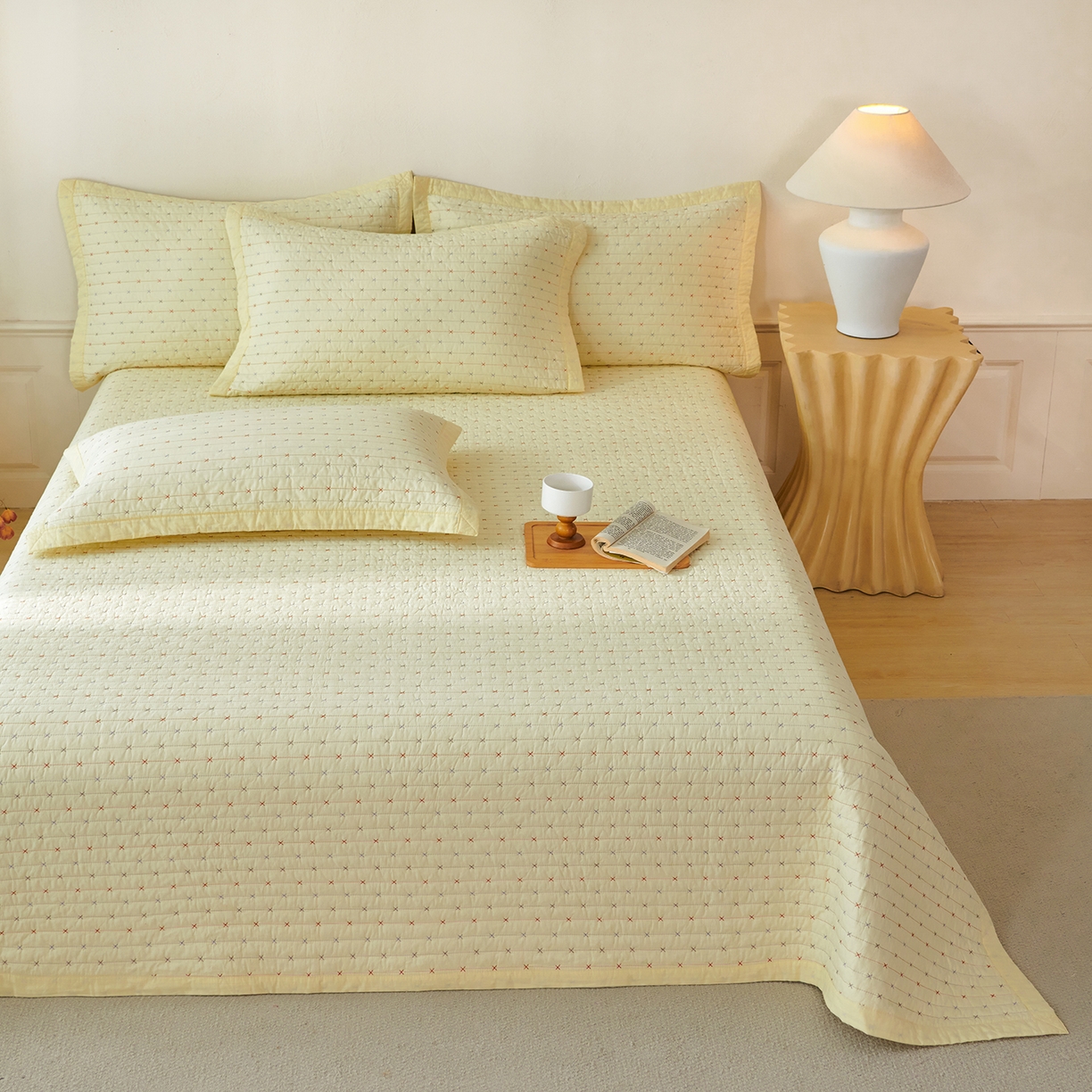 莎果家纺 2025新款米粒绣系列双面纯棉60支平纹床盖（上架此商品联系莎果） 小米粒-黄