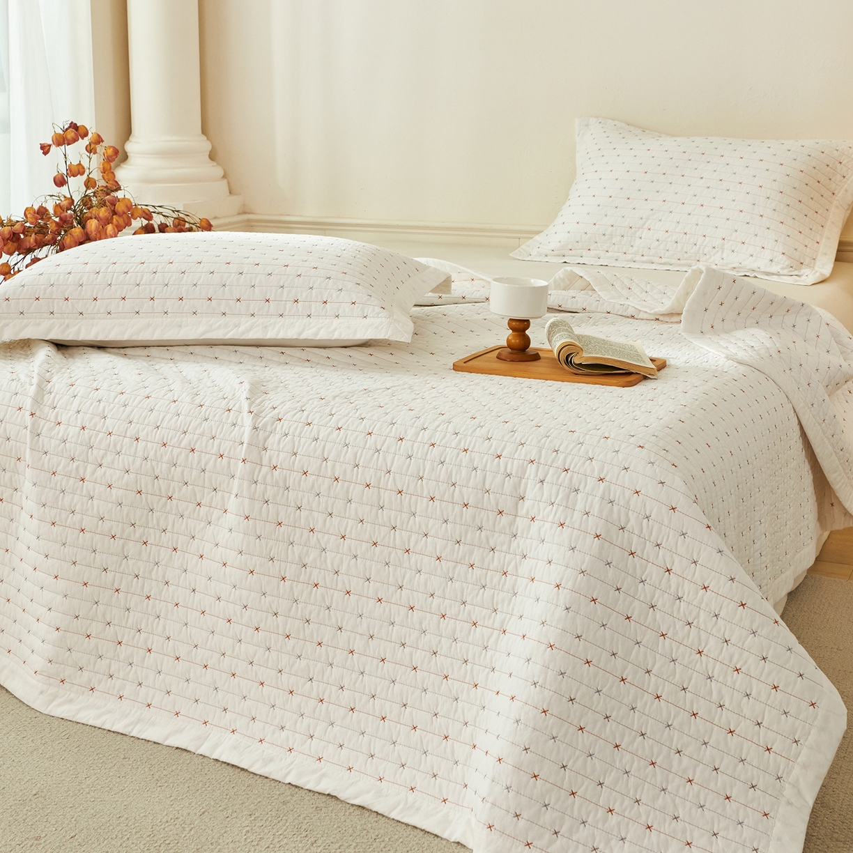 91家纺网 家纺一手货源 找家纺 （总）莎果家纺 2025新款米粒绣系列双面纯棉60支平纹床盖（上架此商品联系莎果）