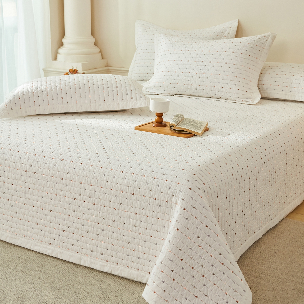 91家纺网 家纺一手货源 找家纺 莎果家纺 2025新款米粒绣系列双面纯棉60支平纹床盖（上架此商品联系莎果） 小米粒-白