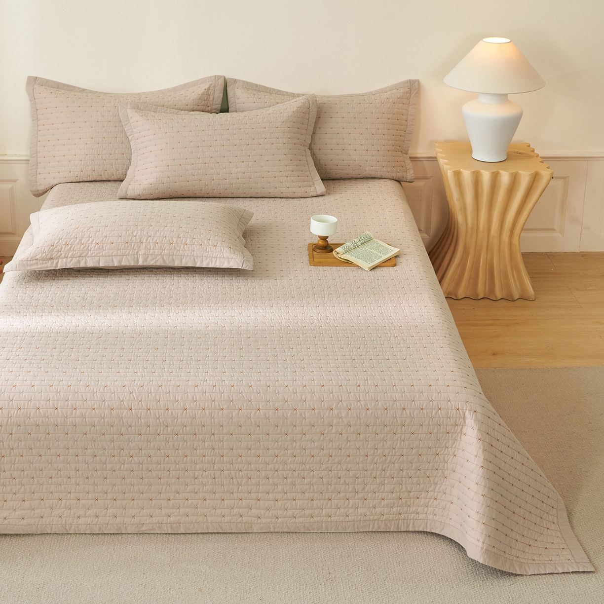 莎果家纺 2025新款米粒绣系列双面纯棉60支平纹床盖（上架此商品联系莎果） 小米粒-卡其