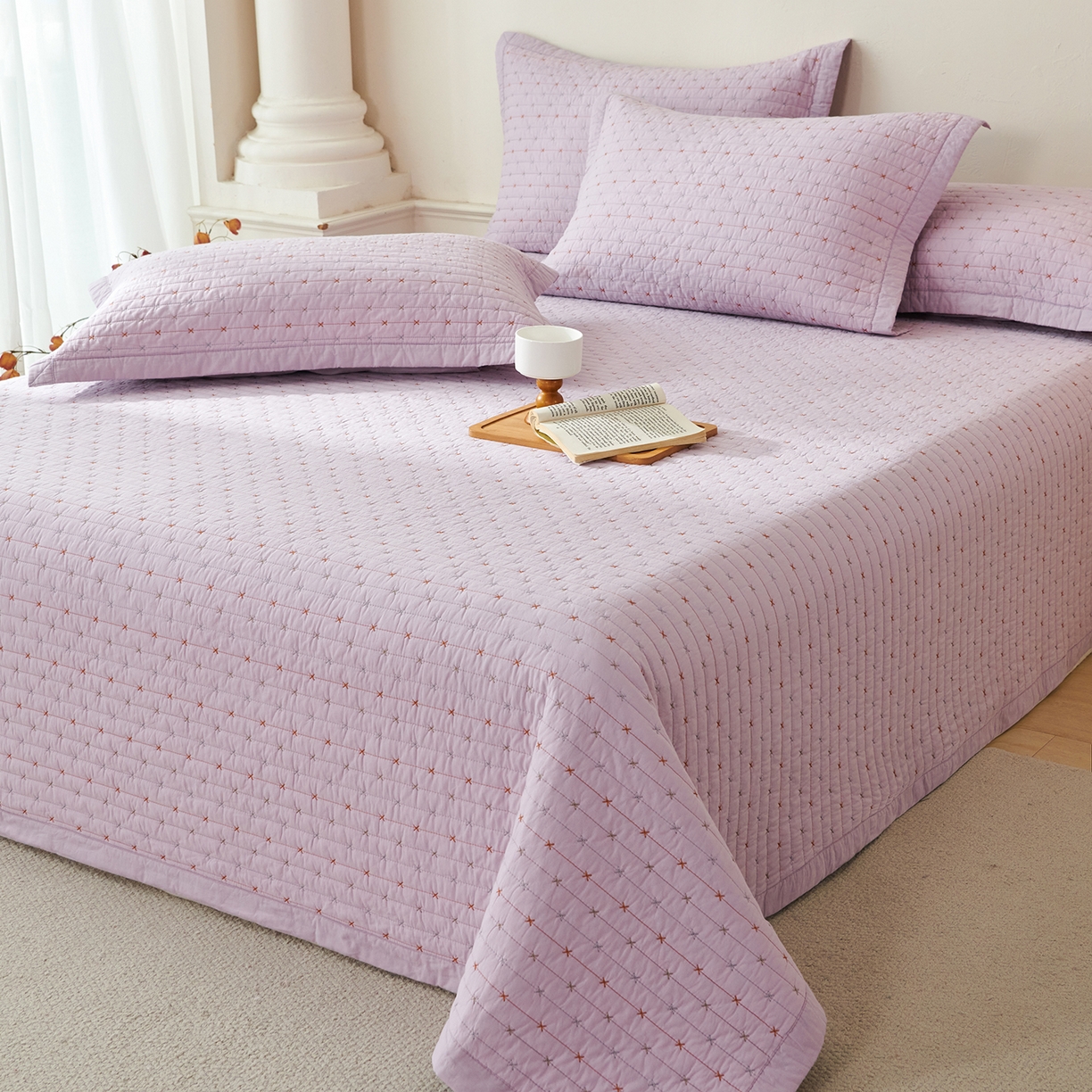 91家纺网 家纺一手货源 找家纺 莎果家纺 2025新款米粒绣系列双面纯棉60支平纹床盖（上架此商品联系莎果） 小米粒-紫