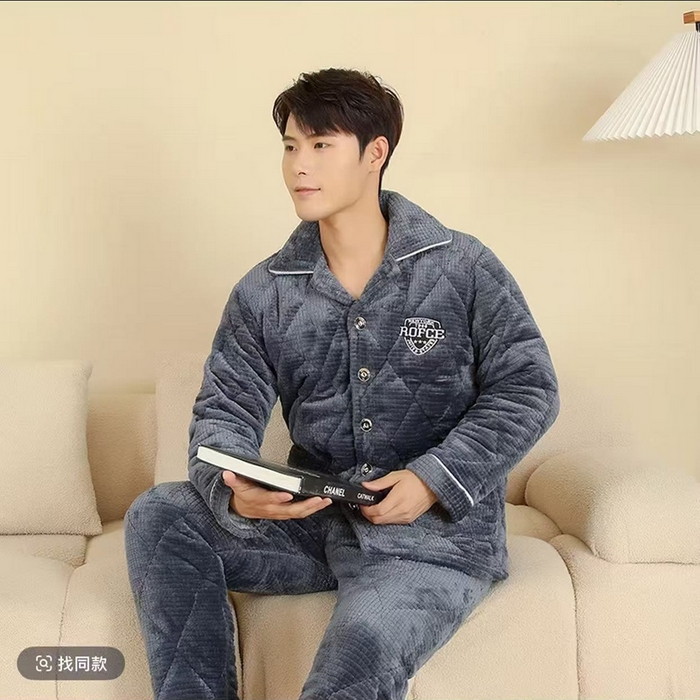 91家纺网 家纺一手货源 找家纺 （总）洛兰沙家居馆 2025新款男款三层夹棉保暖加厚冬季法莱绒家居服睡衣