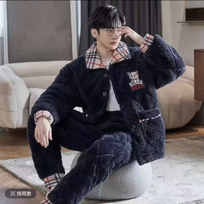 91家纺网 家纺一手货源 找家纺 （总）洛兰沙家居馆 2025新款男款三层夹棉保暖加厚冬季法莱绒家居服睡衣