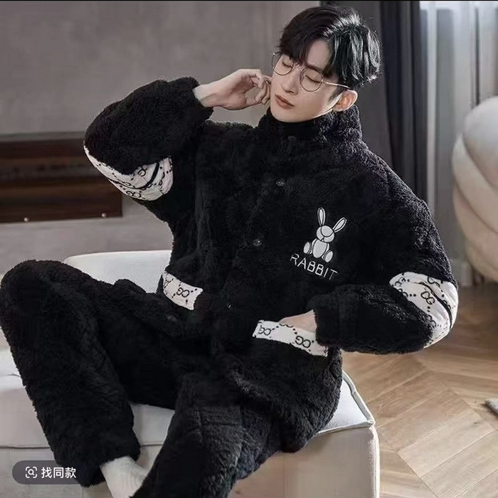 91家纺网 家纺一手货源 找家纺 （总）洛兰沙家居馆 2025新款男款三层夹棉保暖加厚冬季法莱绒家居服睡衣