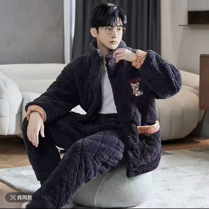 91家纺网 家纺一手货源 找家纺 （总）洛兰沙家居馆 2025新款男款三层夹棉保暖加厚冬季法莱绒家居服睡衣