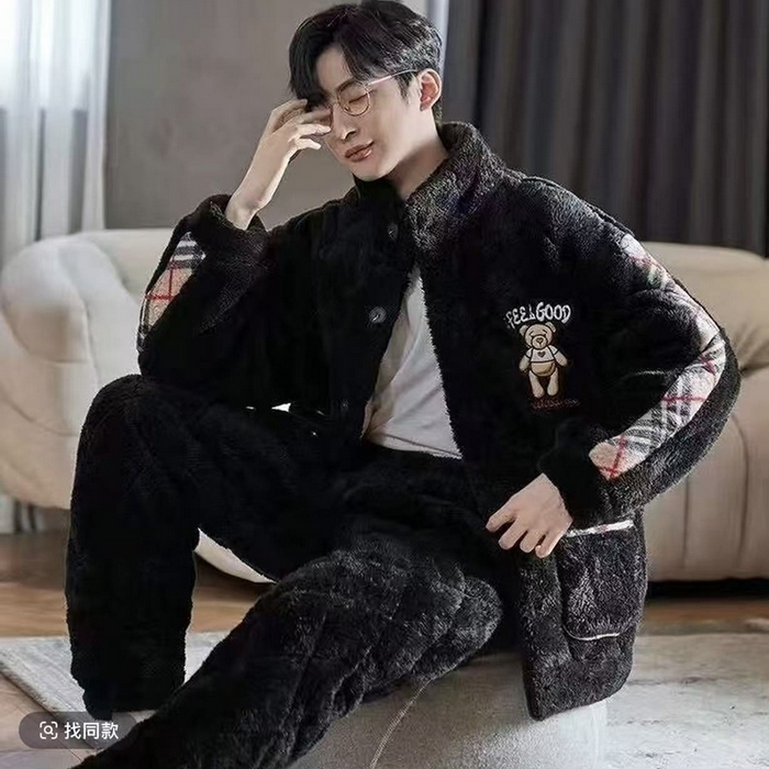 91家纺网 家纺一手货源 找家纺 （总）洛兰沙家居馆 2025新款男款三层夹棉保暖加厚冬季法莱绒家居服睡衣