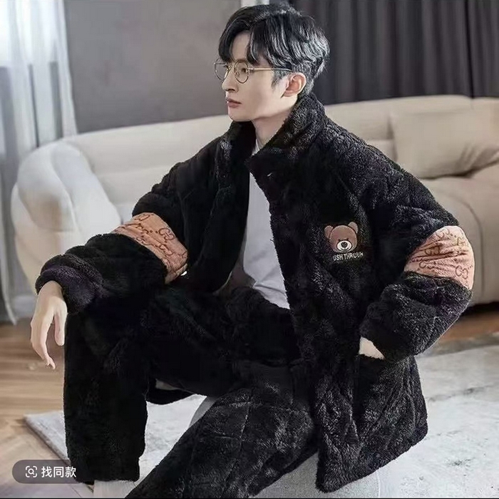 91家纺网 家纺一手货源 找家纺 （总）洛兰沙家居馆 2025新款男款三层夹棉保暖加厚冬季法莱绒家居服睡衣