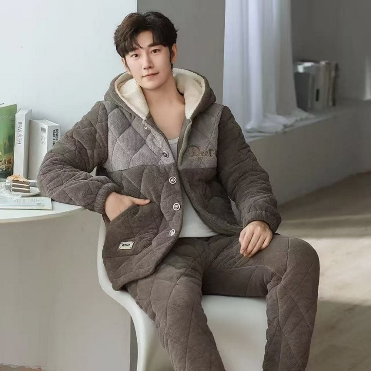 （总）洛兰沙家居馆 2025新款男款三层夹棉保暖加厚冬季法莱绒家居服睡衣