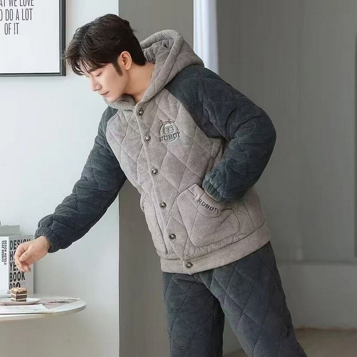 91家纺网 家纺一手货源 找家纺 （总）洛兰沙家居馆 2025新款男款三层夹棉保暖加厚冬季法莱绒家居服睡衣