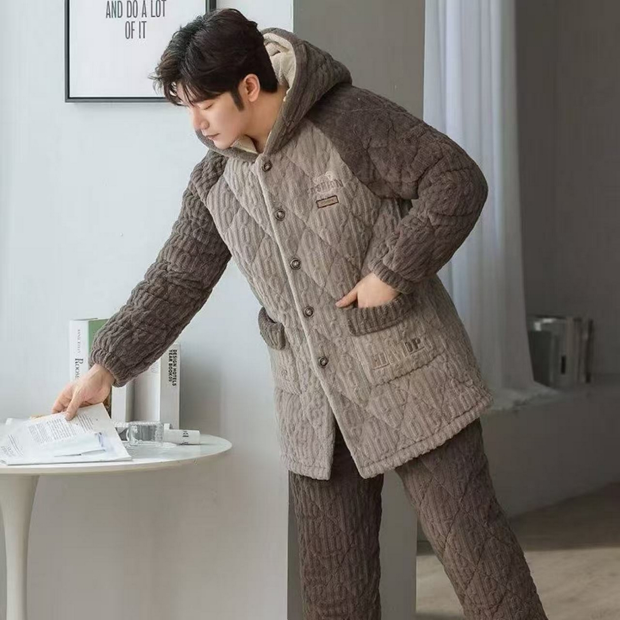 91家纺网 家纺一手货源 找家纺 （总）洛兰沙家居馆 2025新款男款三层夹棉保暖加厚冬季法莱绒家居服睡衣