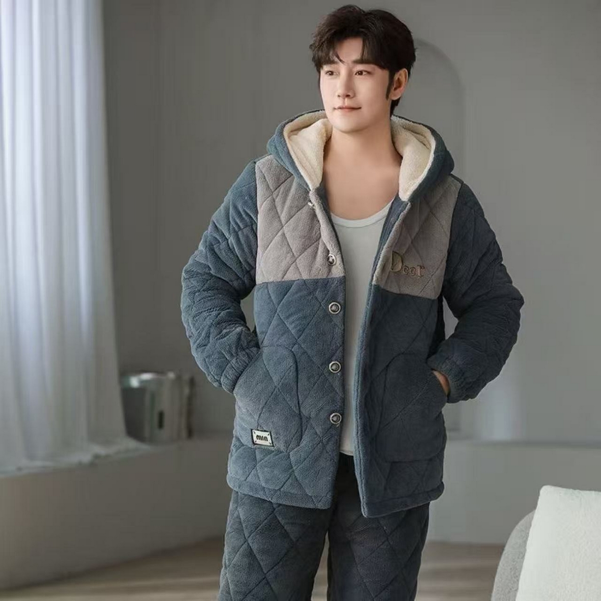 91家纺网 家纺一手货源 找家纺 （总）洛兰沙家居馆 2025新款男款三层夹棉保暖加厚冬季法莱绒家居服睡衣