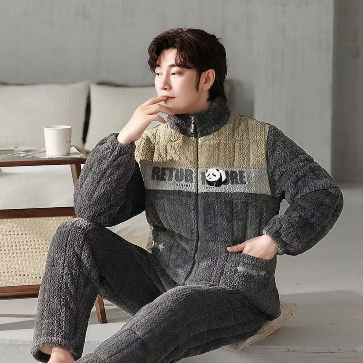 91家纺网 家纺一手货源 找家纺 （总）洛兰沙家居馆 2025新款男款三层夹棉保暖加厚冬季法莱绒家居服睡衣