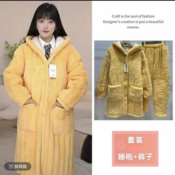91家纺网 家纺一手货源 找家纺 （总）洛兰沙家居馆 2025新款女款三层夹棉保暖加厚冬季法莱绒家居服睡衣
