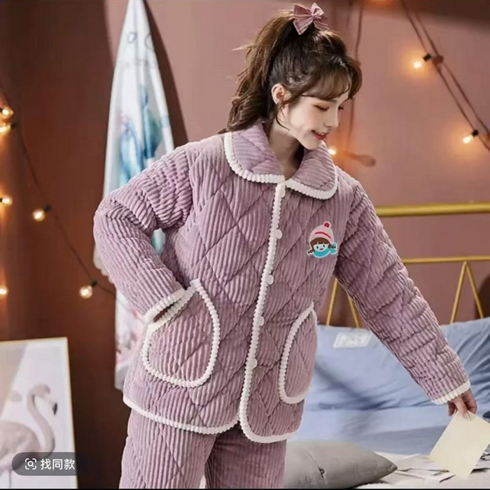 91家纺网 家纺一手货源 找家纺 （总）洛兰沙家居馆 2025新款女款三层夹棉保暖加厚冬季法莱绒家居服睡衣