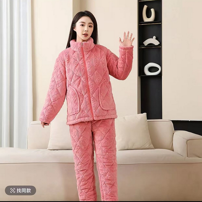 洛兰沙家居馆 2025新款女款三层夹棉保暖加厚冬季法莱绒家居服睡衣 粉色